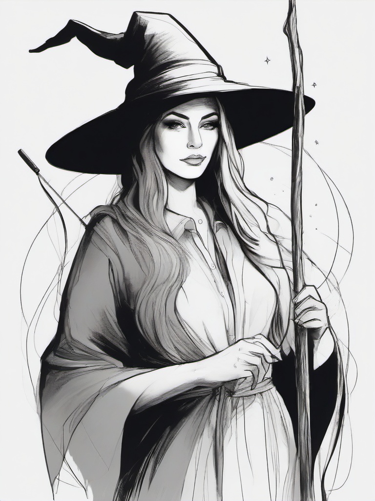 drawing of a witch holding a magical staff  minimal rough sketch scribbles,doodles,black and white