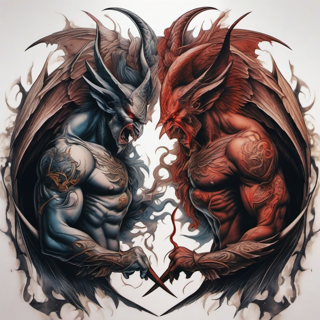 Demons and Angels Fighting Tattoos-Artistic and intense tattoos featuring battles between demons and angels.  simple color tattoo,white background