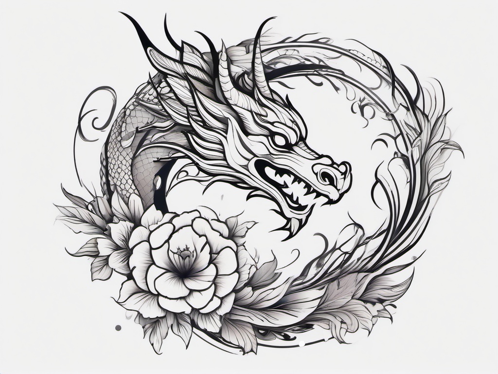 Flower Dragon Tattoo - Tattoo combining a dragon and floral elements in the design.  simple color tattoo,minimalist,white background