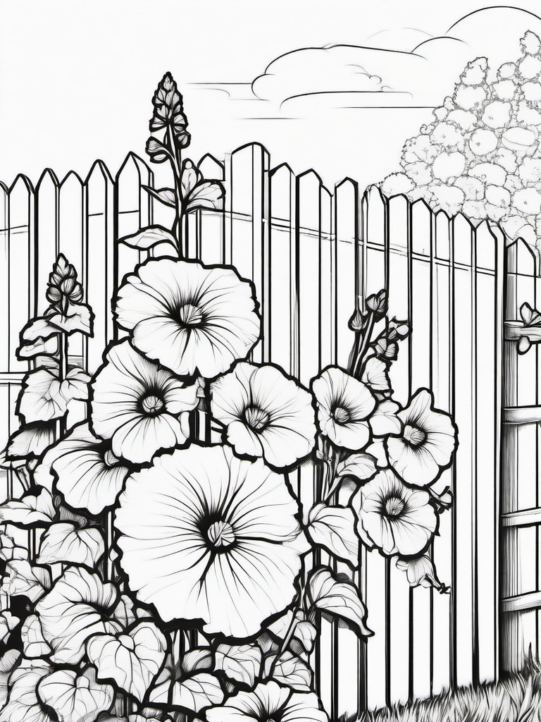 Hollyhock coloring page sheet - Hollyhocks growing against a rustic garden fence.  black outline printable coloring page