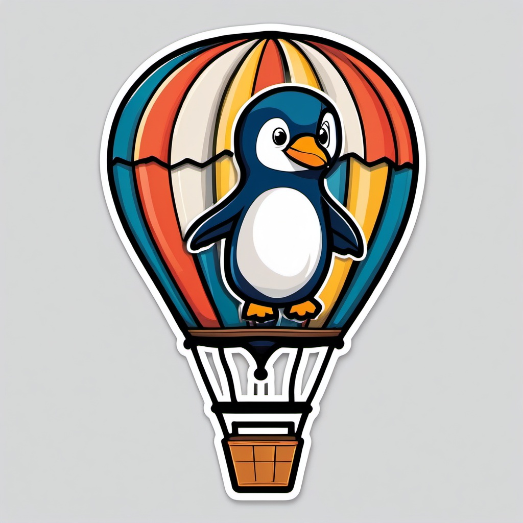 Penguin in Hot Air Balloon Sticker - A penguin soaring in a hot air balloon over scenic landscapes. ,vector color sticker art,minimal