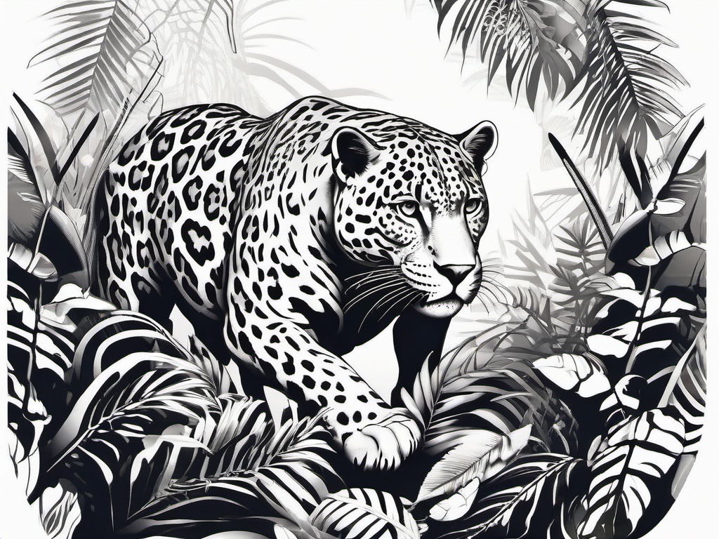 Jaguar Tattoo - Fierce jaguar lurking in the jungle shadows  few color tattoo design, simple line art, design clean white background