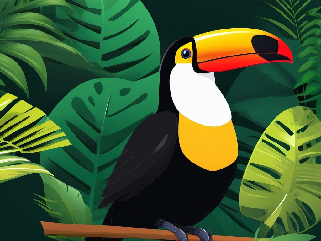 Toucan Clipart - Toucan sitting in a tropical rainforest canopy , minimal, 2d