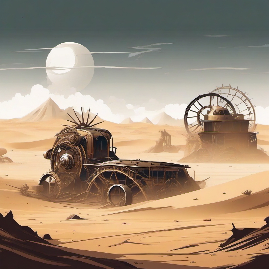 Apocalyptic steampunk desert with sandstorms and remnants of ancient machinery  minimalist design, white background, professional color logo vector art