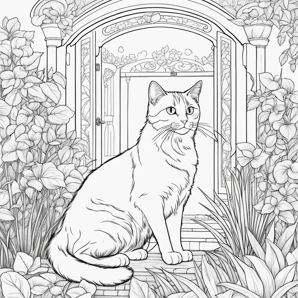 cat coloring pages - a curious cat explores a magical, hidden garden. 