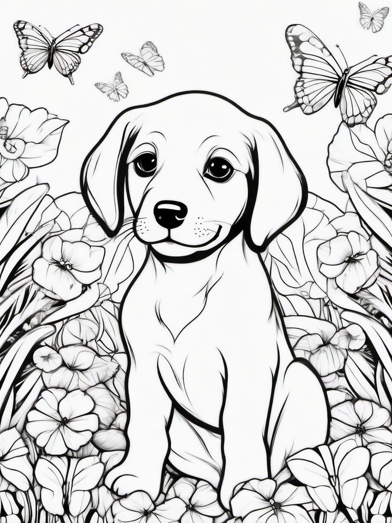 Puppy and Butterflies Coloring Pages - Curious Puppy Surrounded by Butterflies  minimal black outline printable sheet, coloring page