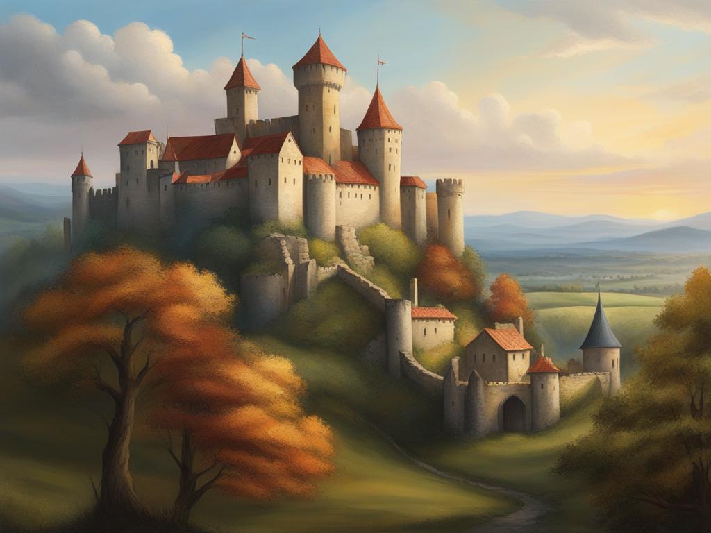 medieval castle - paint a medieval castle perched on a hill, surrounded by a medieval village. 