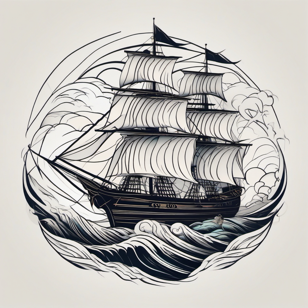 Sailing ship and storm tattoo. Navigating the chaos.  minimal color tattoo design