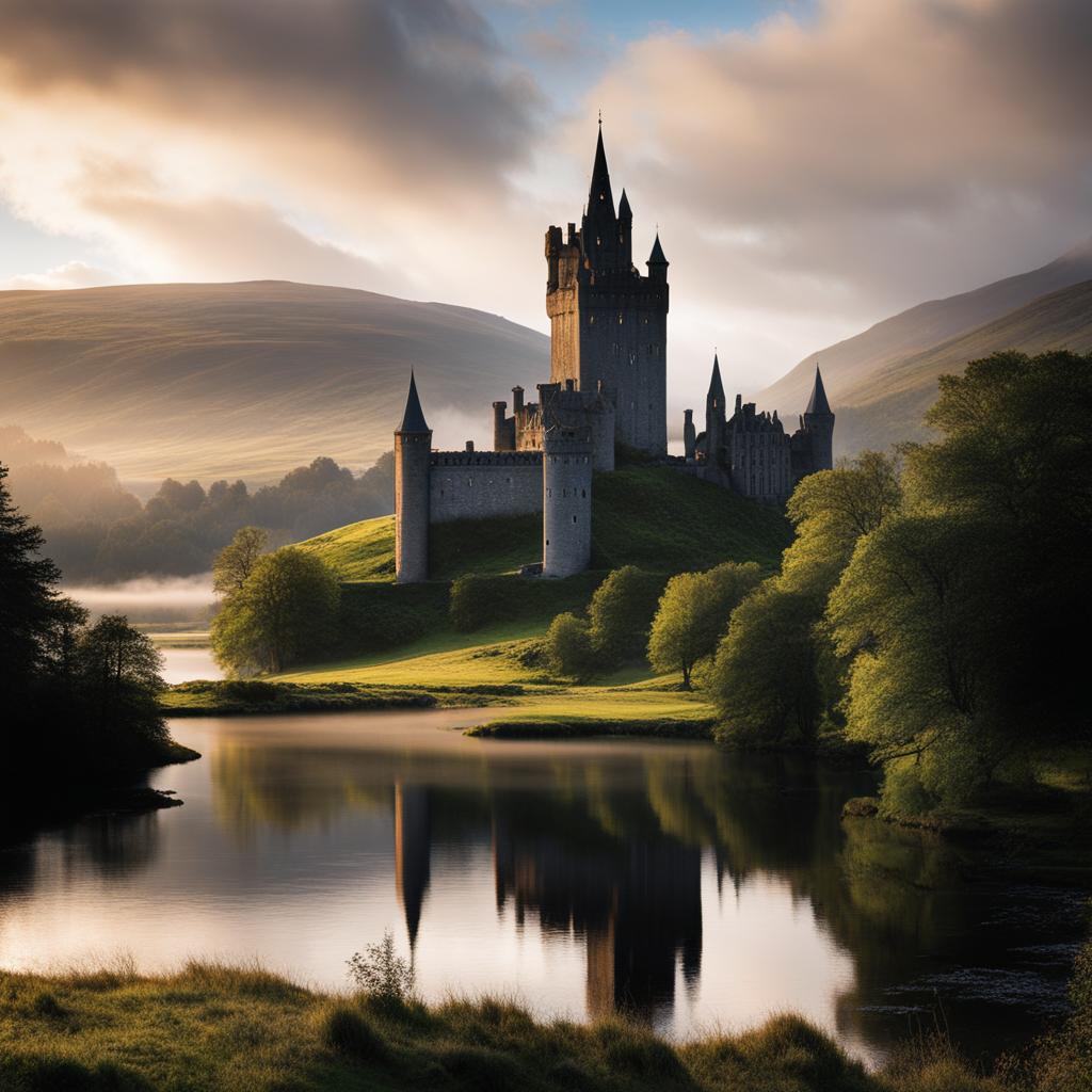 neo-gothic castles, with towering spires, loom over the misty highlands of scotland. 