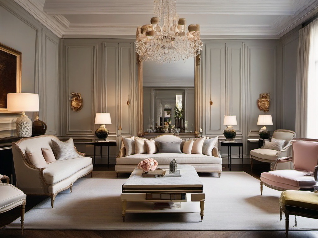 Parisian living room captures timeless elegance with light-colored furnishings, decorative moldings, and a chic layout for a refined touch.  