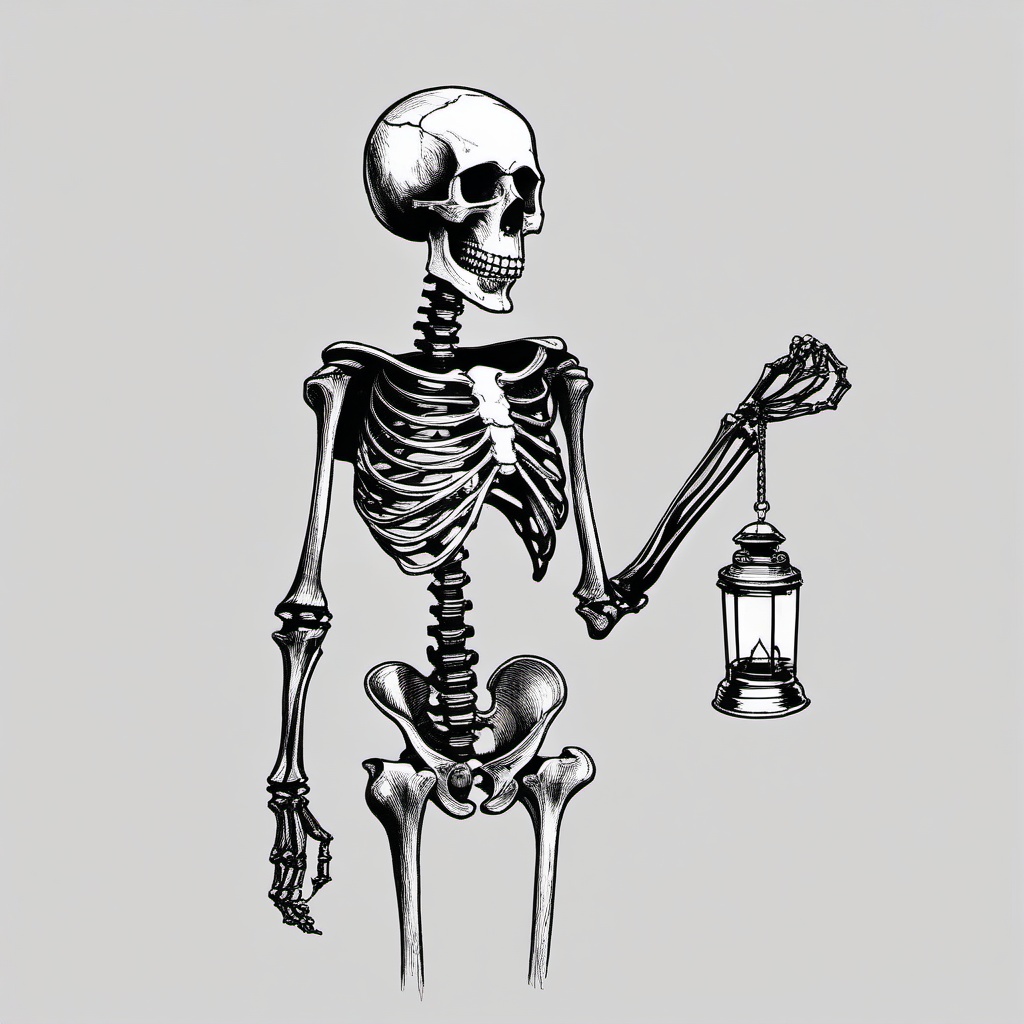 drawing of a skeleton holding a lantern  minimal rough sketch scribbles,doodles,black and white