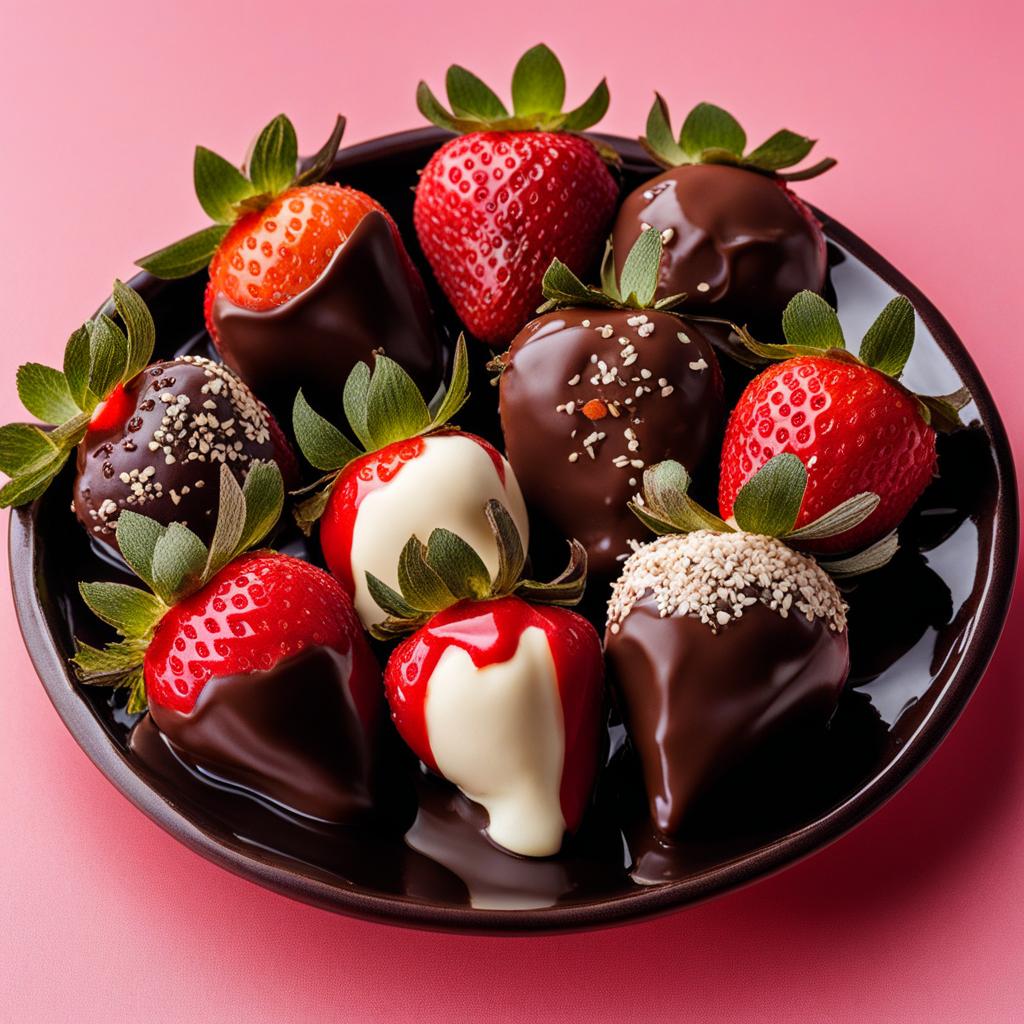 a platter of chocolate-dipped strawberries, glossy and tempting, with a variety of toppings. 