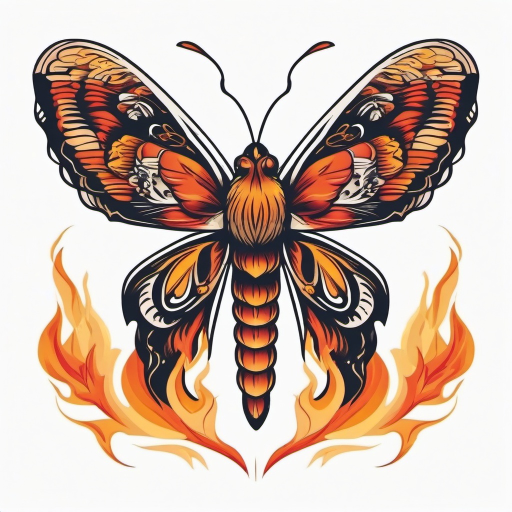 moth and flame tattoo  simple vector color tattoo, minimal, white background