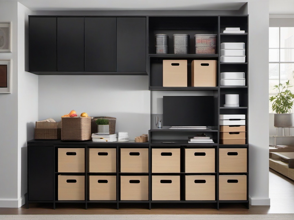 Bauhaus storage room includes sleek shelving units, modular storage bins, and clean lines, maximizing space and organization with a minimalist approach.  