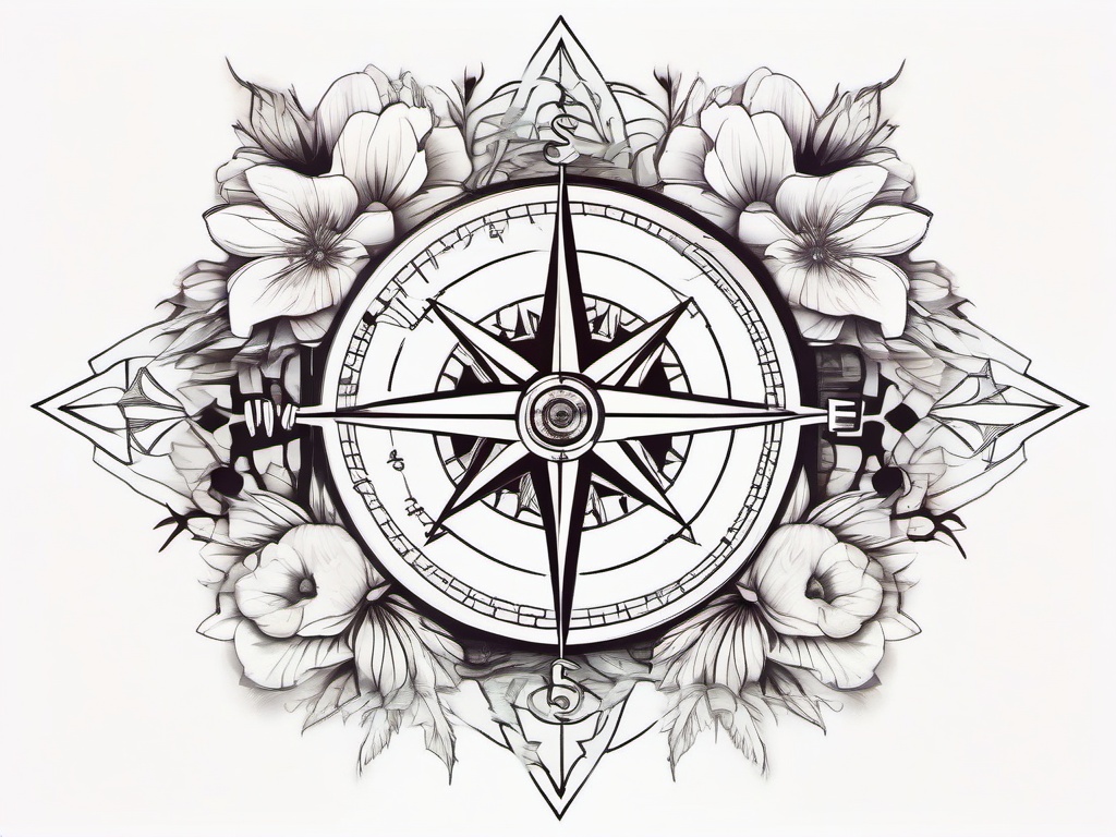 Compass, flowers  ,tattoo design, white background