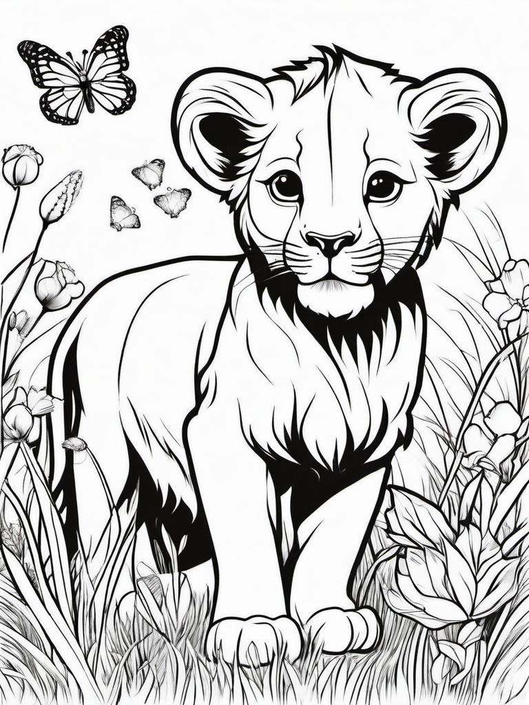 Lion Coloring Pages - Lion cub playing with butterflies in a meadow  simple coloring pages