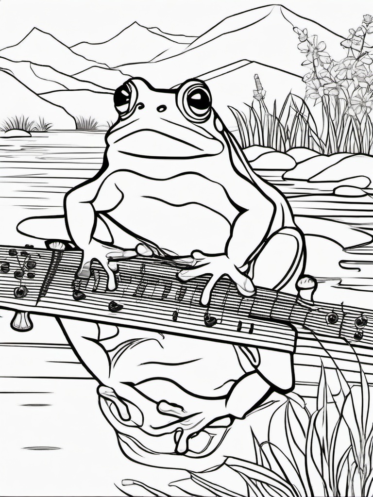 Frog Coloring Pages - Frog playing a guitar by the water  simple coloring pages