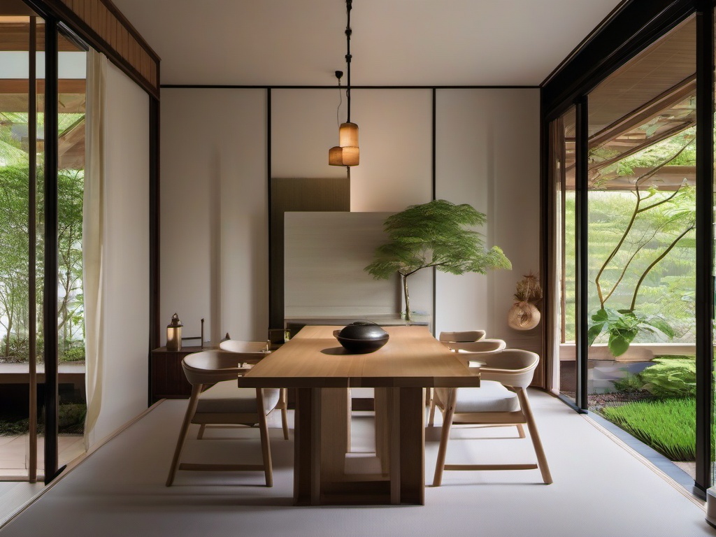 The garden room showcases Japanese Zen interior design with a blend of natural elements, minimal decor, and a focus on tranquility that brings a sense of peace to indoor gardening.  