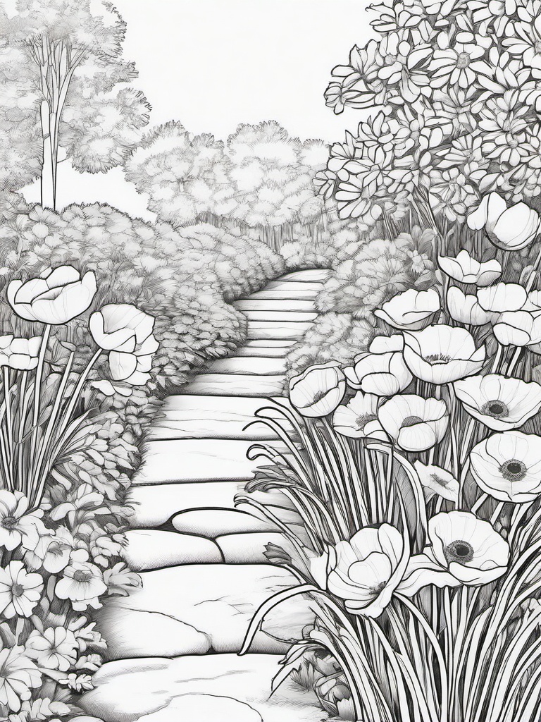 Anemone coloring page sheet - Delicate anemones blooming beside a stone garden path.  black outline printable coloring page