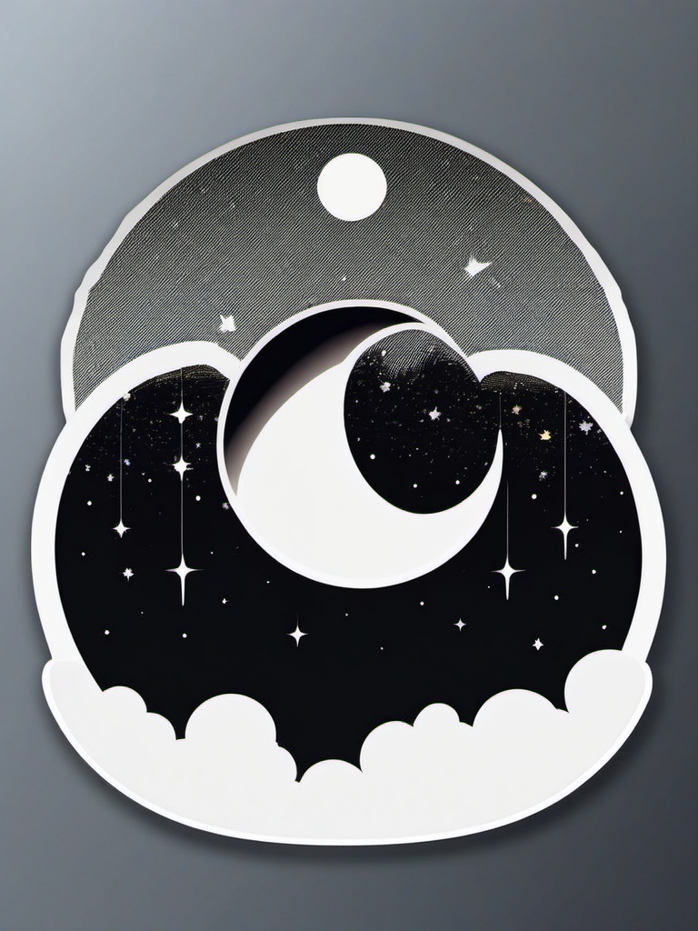 Moon and Clouds at Night Sticker - Crescent moon surrounded by nighttime clouds, ,vector color sticker art,minimal