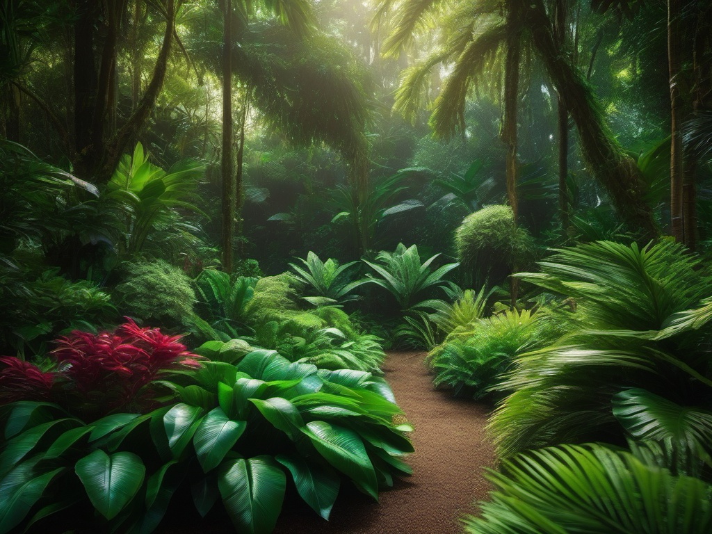 Lush Rainforest Garden - Design a garden that resembles a lush and vibrant rainforest. realistic, professional photography, bokeh, natural lighting, canon lens, shot on dslr 64 megapixels sharp focus