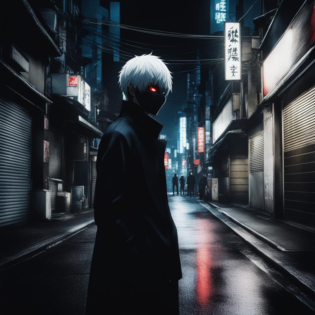 kaneki confronts menacing ghouls in the dimly lit alleys of tokyo. 