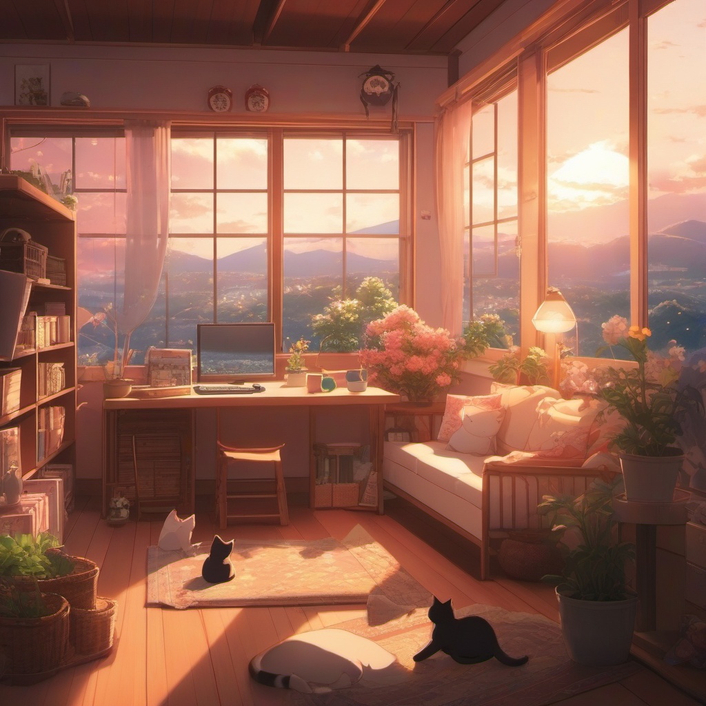 Cozy anime room filled with kittens. anime, wallpaper, background, anime key visual, japanese manga