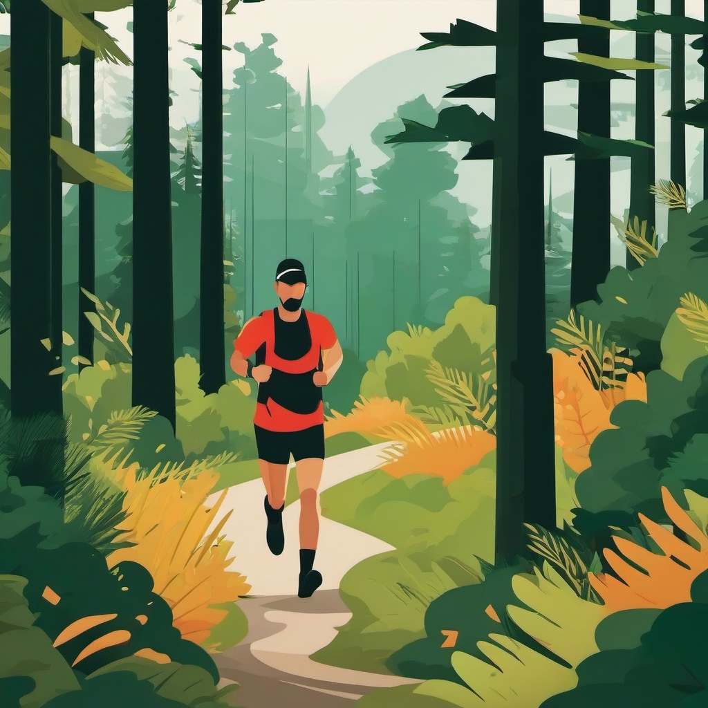 Trail Running Forest Challenge Clipart - Trail runners taking on a challenging forest  color vector clipart, minimal style