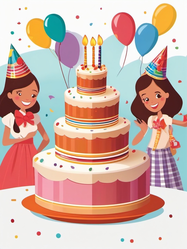 Birthday party with a giant cake clipart.  vector style illustration, white background