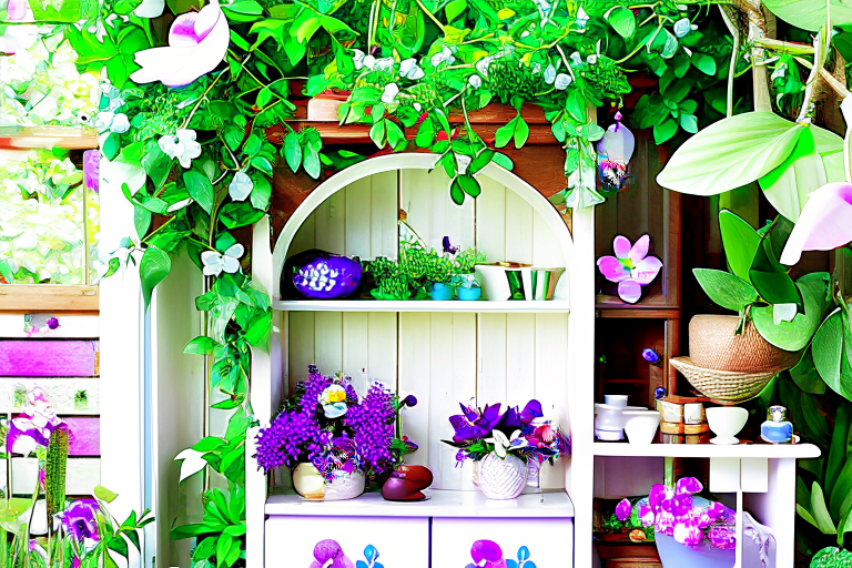 enchanted garden kitchen with flower vine wallpaper and fairy figurines. 