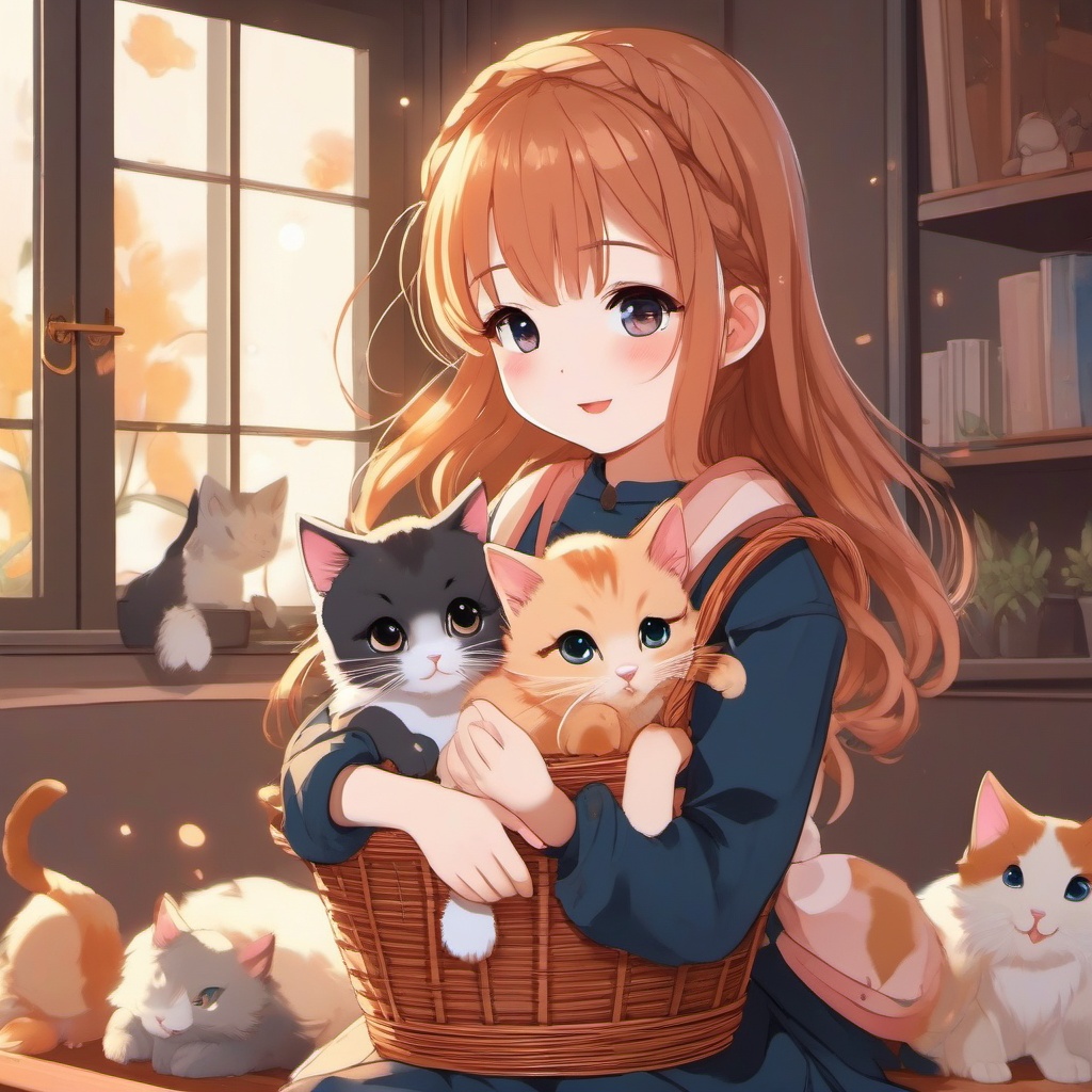 Adorable anime girl with bright eyes and a basket of playful kittens, playing with them in a cozy room.  front facing ,centered portrait shot, cute anime color style, pfp, full face visible