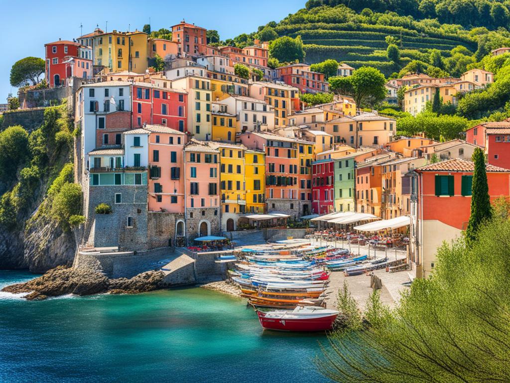 ligurian hilltop villages - create an artwork that highlights the charm of ligurian hilltop villages, with colorful houses perched on steep cliffs. 