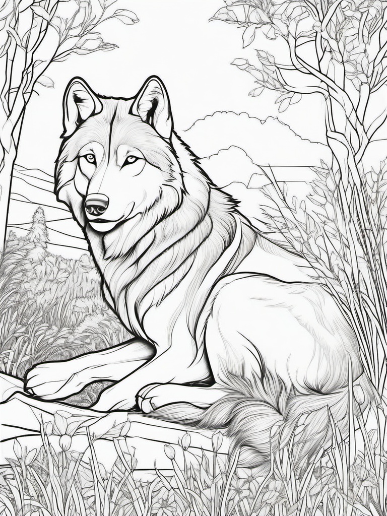 Wolf Coloring Pages - Wolf resting in a tranquil meadow  simple coloring pages