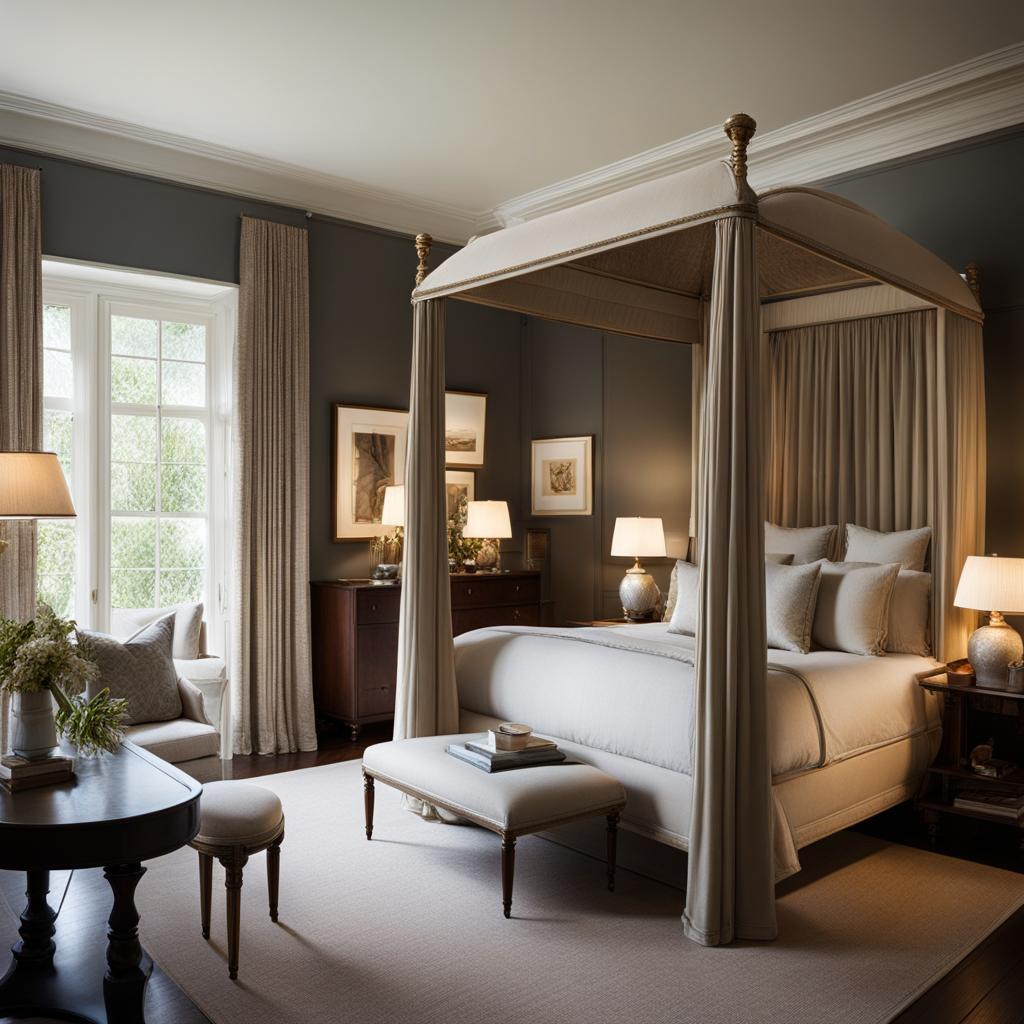 traditional bedroom with a four-poster bed and classic furnishings. 