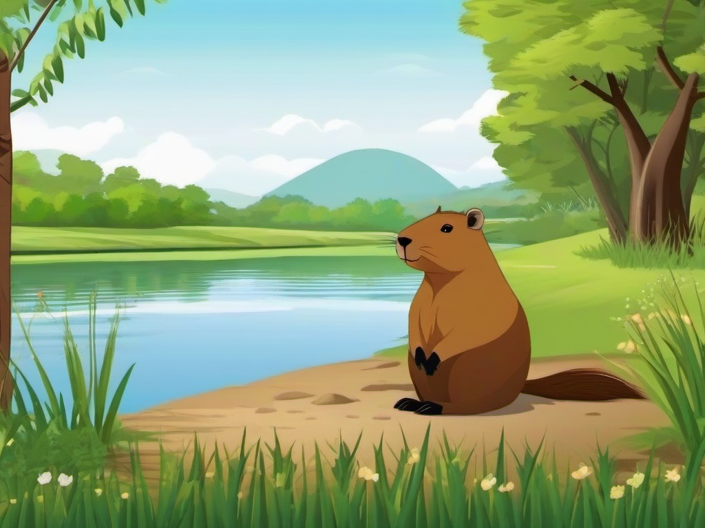 Capybara cartoon - Capybara relaxing by the riverbank  