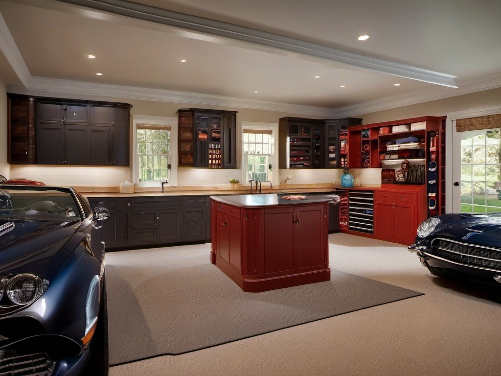 The garage features American Colonial interior design with organized storage solutions, warm colors, and a functional layout that makes the space both practical and visually appealing.  