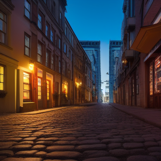 wide angle shot from center narrow cobblestone alley with buildings on left and right side with many storeys and dense detailed windows cyberpunk 8k ultra realistic 