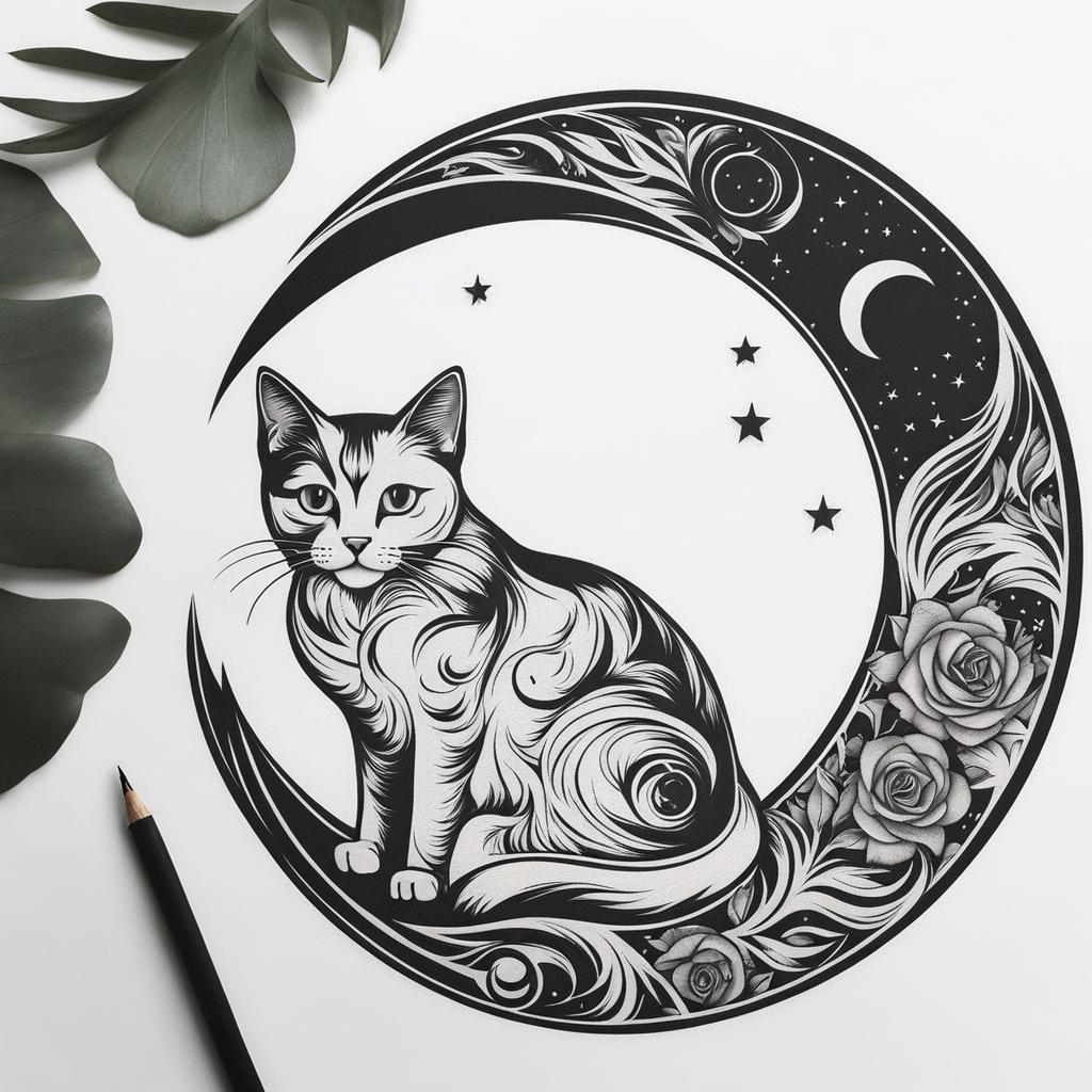 Cat and moon tattoo, Creative tattoos featuring cats alongside moon imagery.  color, tattoo style pattern, clean white background