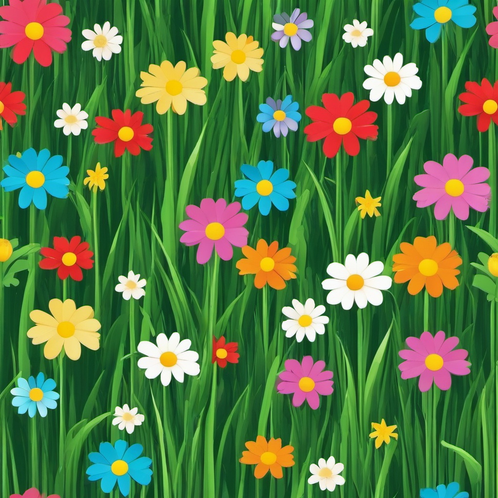 Grass clipart - cartoon grass with colorful flowers  color,minimalist,vector clipart