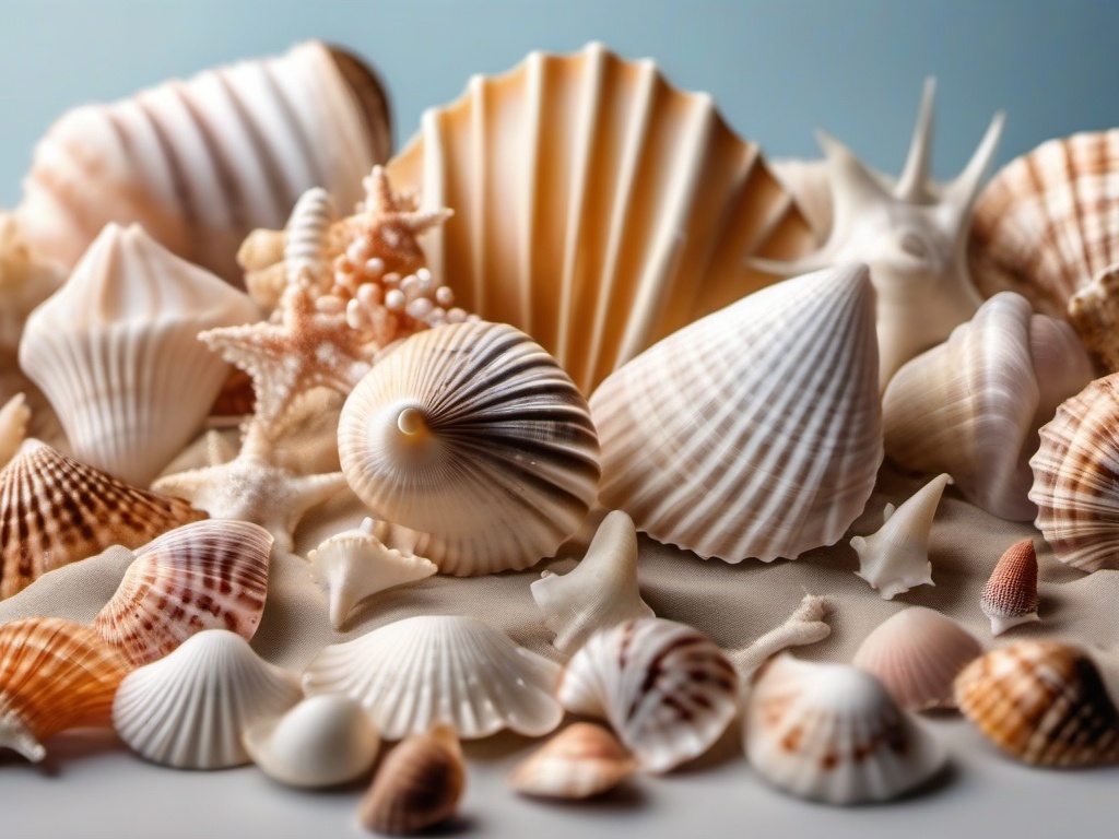 Seashell collections and displays close shot perspective view, photo realistic background, hyper detail, high resolution