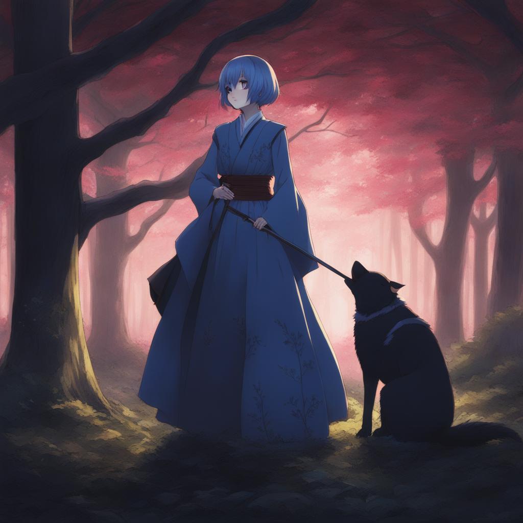 rem protects subaru from danger in a moonlit grove filled with eerie shadows. 