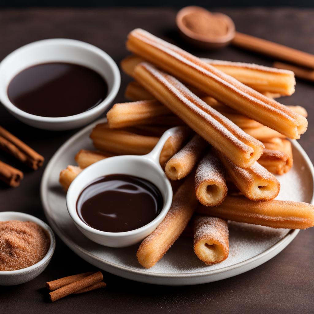 churros, fried dough sticks rolled in cinnamon sugar and served with chocolate sauce. 