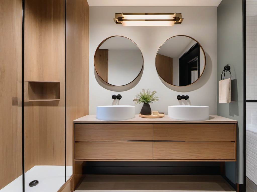 In the guest bathroom, Japandi interior design features simple fixtures, natural materials, and calming colors that create a welcoming atmosphere for visitors.  