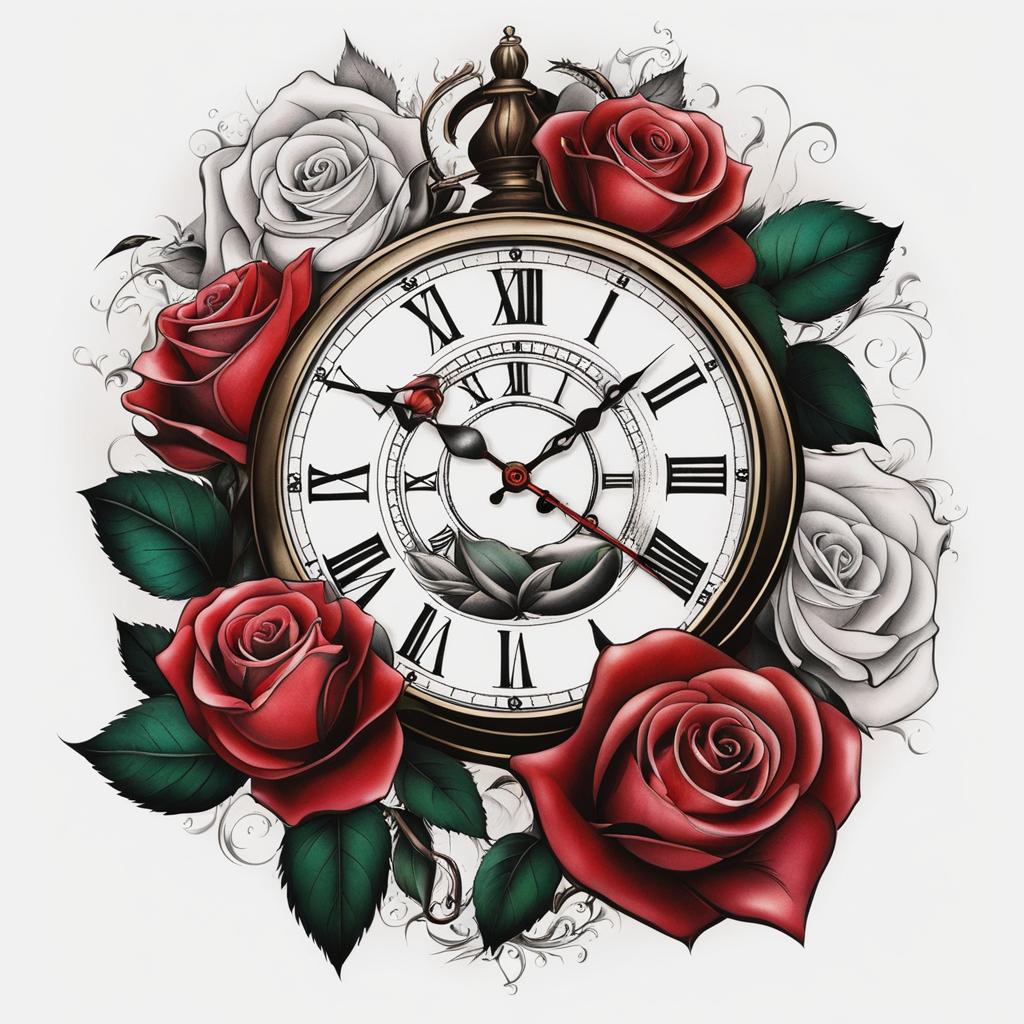 Clock and rose tattoo, Tattoos combining the grace of roses with clock imagery.  color, tattoo patterns, white clean background