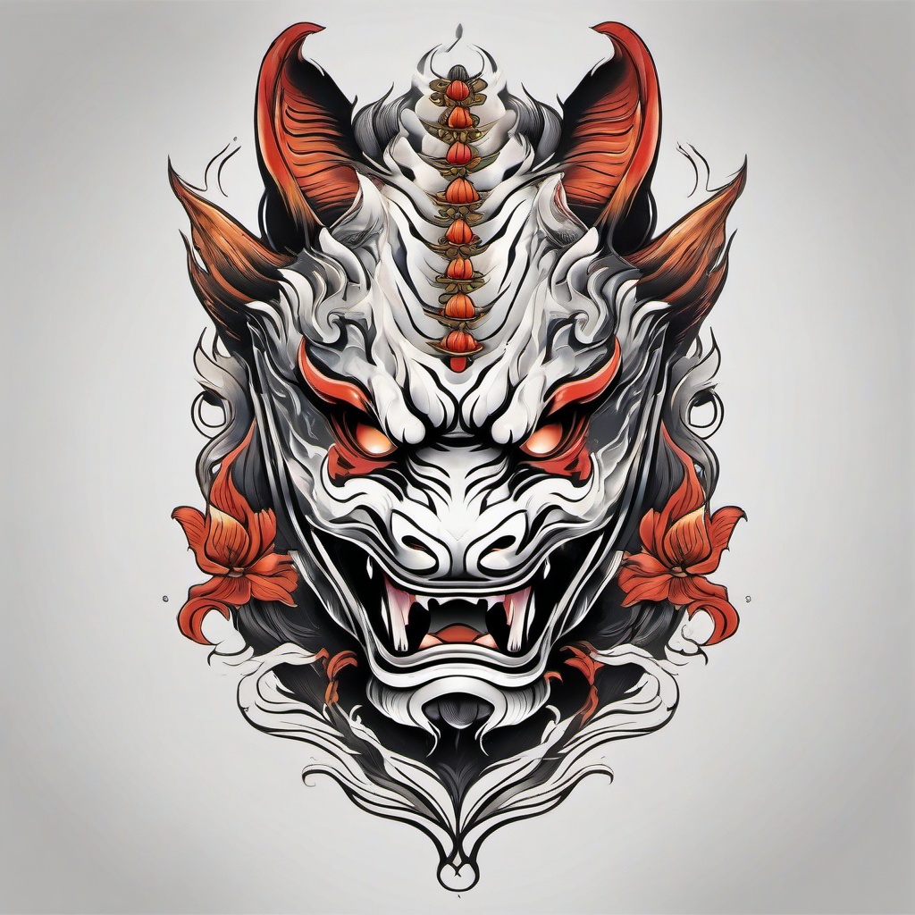 Oni Mask Koi Fish Tattoo - Tattoo blending the fearsome Oni mask with the strength and beauty of a Koi fish.  simple color tattoo,white background,minimal