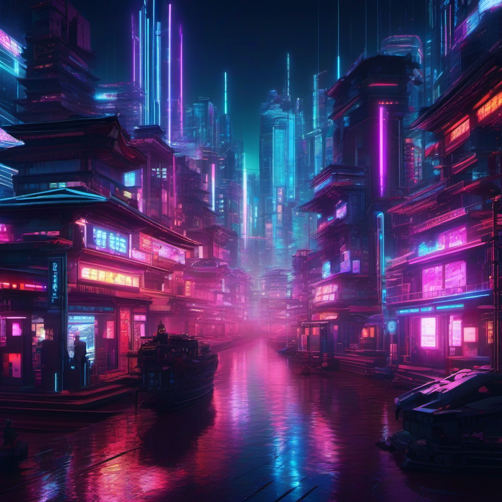 Cyber City with Neon Lights in Anime Style Anime Wallpaper intricate details, patterns, wallpaper photo