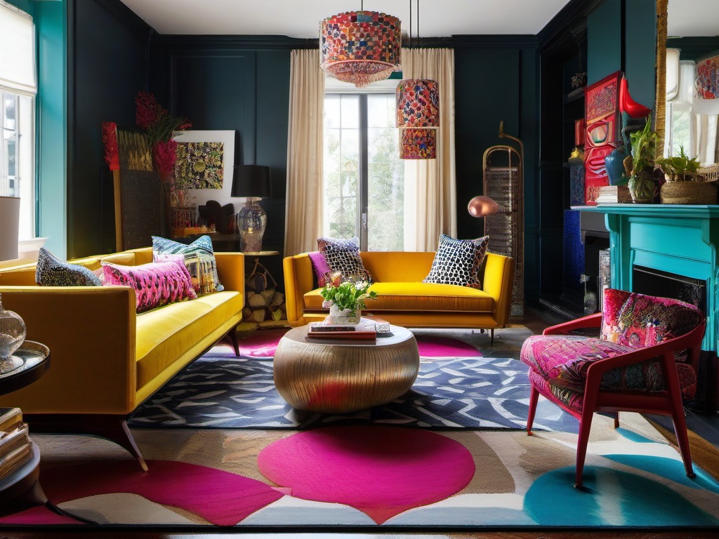 Eclectic living room combines mismatched furniture, vibrant colors, and bold patterns to create a playful and creative environment.  