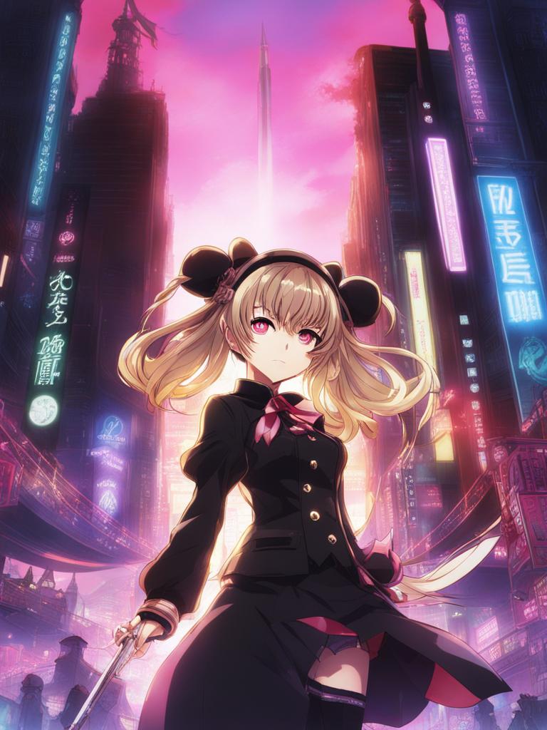 junko enoshima - orchestrates chaos from her throne in a neon-lit dystopian city. 