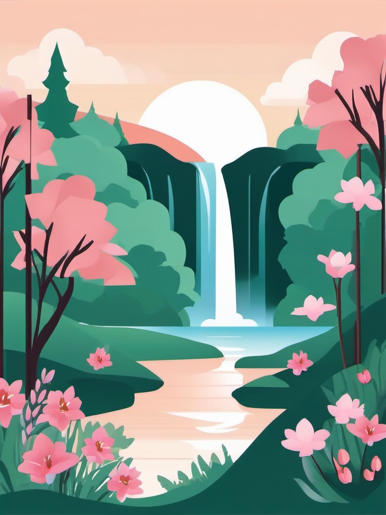 Spring Waterfall clipart - A serene waterfall in spring, ,vector color clipart,minimal