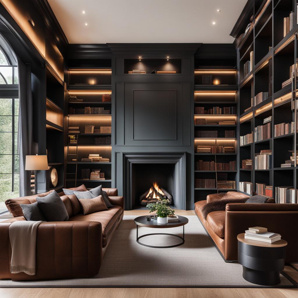 cozy home library with built-in bookshelves and a fireplace. 